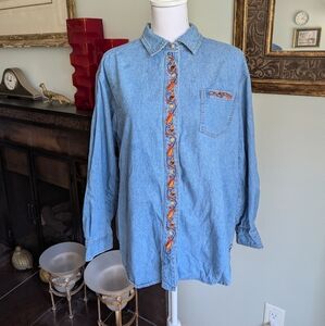 Vintage 90s Women's Large Fall Leaves Embroidery Detail Denim ButtonUp Short 189
